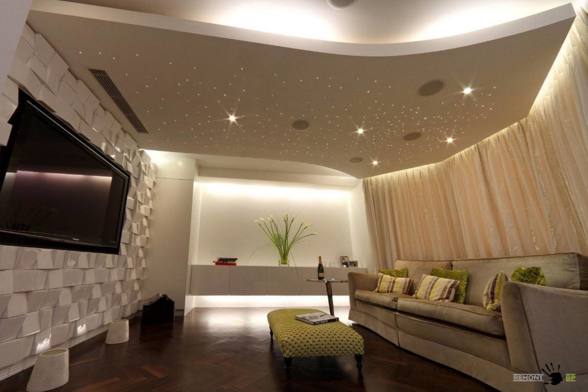 двухуровневый потолок в гостиную с подсветкой