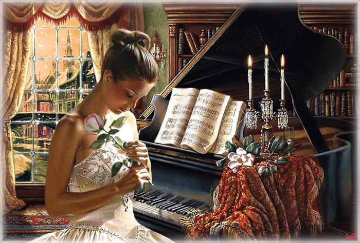 Девушка с цветком возле рояля