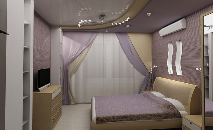 Симпатичная малогабаритная спальня в пастельных цветах.
