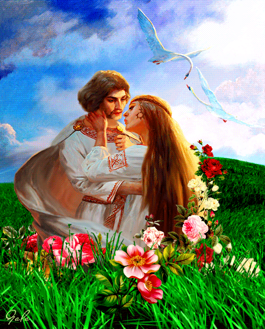 Влюбленная пара, поле, цветы, лебеди