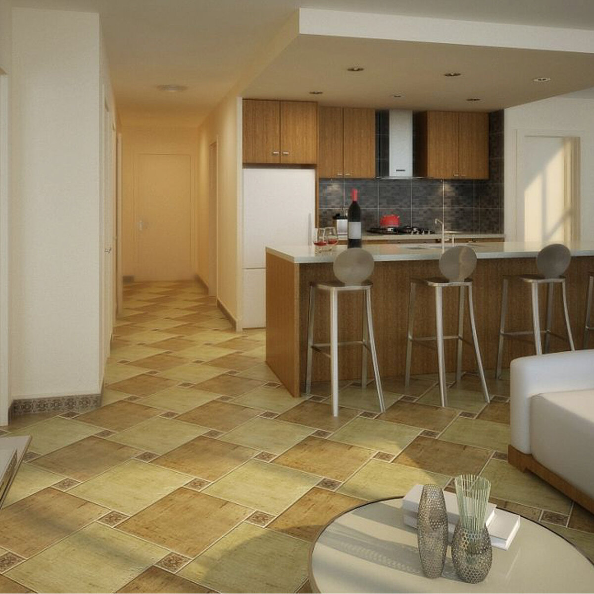 Дизайн пола в гостиной совмещенной с кухней из керамогранита