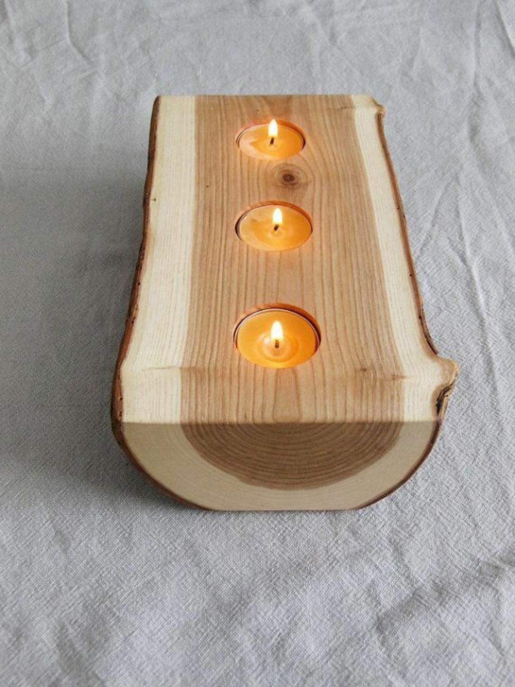 Candle Holder - split log reversible bark on wood candle hol