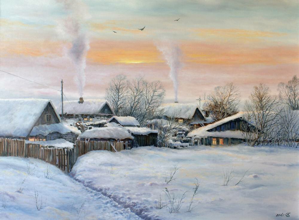 картина зима в деревне фото