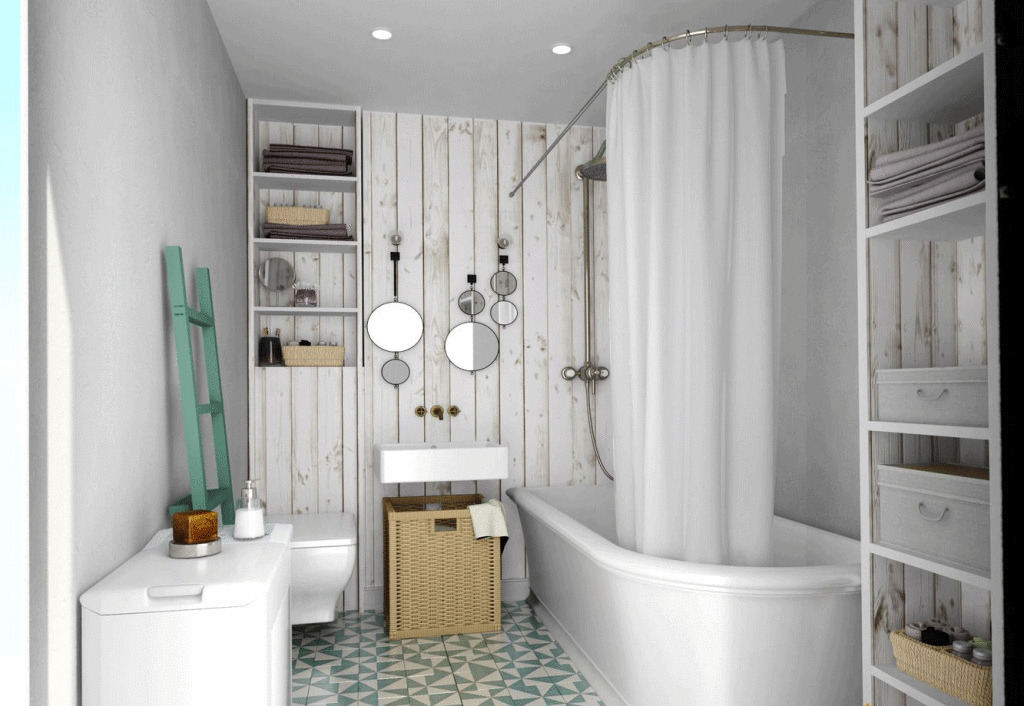 Пол с зеленым орнаментом в ванной в скандинавском стиле с деревянной облицовкой стен.