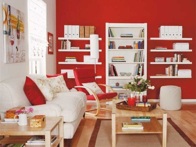 home decor living room red bookshelves фото