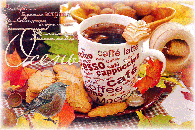 Осенний кофе, чашка, листья