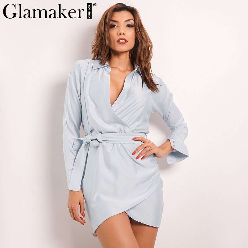 Купить товар Glamaker осень пояса Satin Wrap Dress рубашка элегантные длинные рукава партии сексуальное платье Сезон Зима 2016 клуб короткие женские платье vestidos в категории Платья на AliExpress. Glamaker осень пояса Satin Wrap Dress рубашка элегантные длинные рукава партии сексуальное платье Сезон Зима 2016 клуб короткие женские платье vestidos