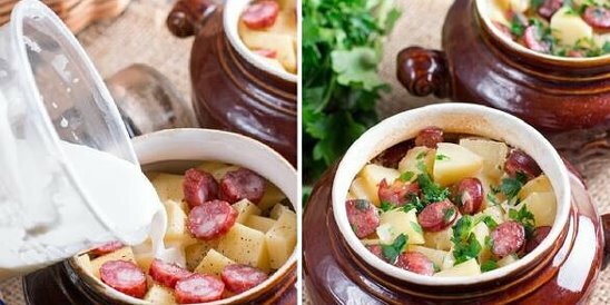 картошечка с охотничьими колбасками в горшочках фото