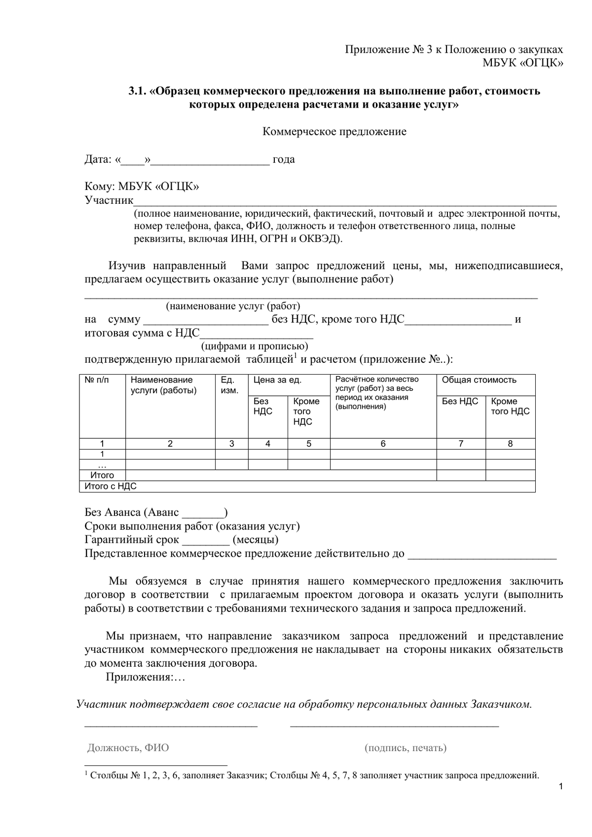 Коммерческое предложение на питание сотрудников образец