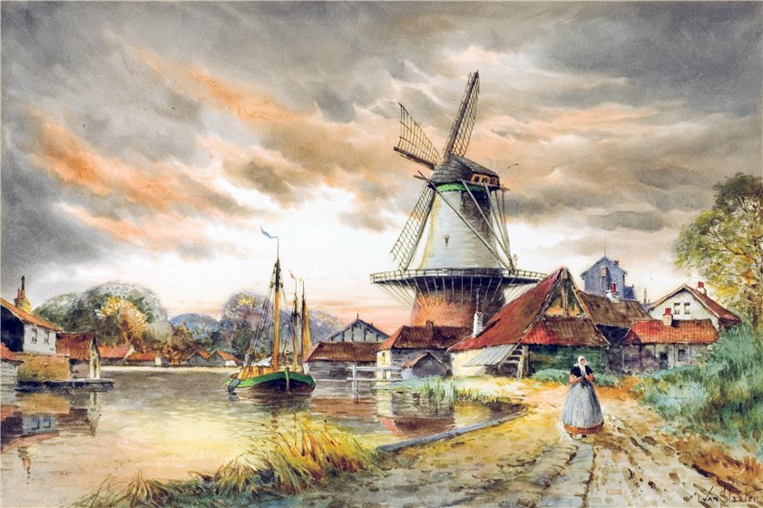 художник louis van staaten 1836-1909 голландская гавань и ветряные мельницы фото
