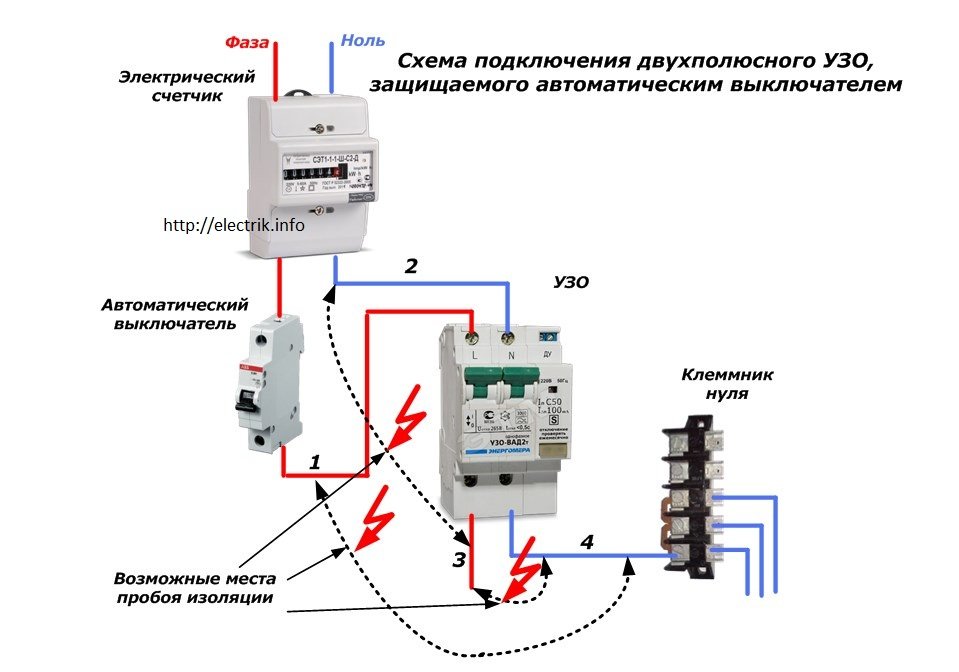 подключение узо с автоматом