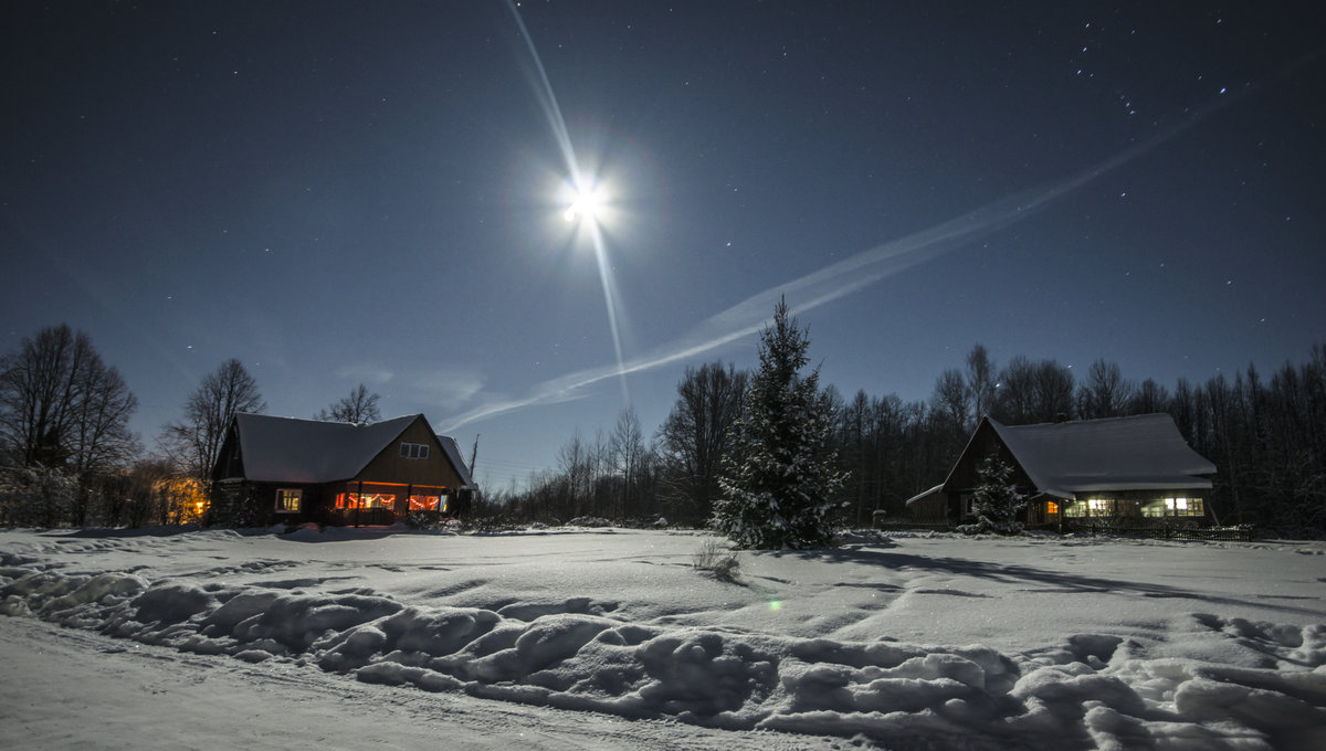 деревня зимой ночью