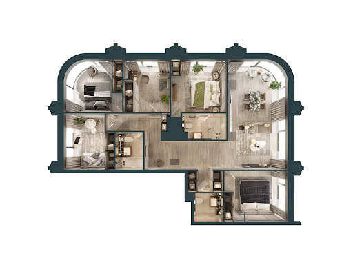 Площадь квартиры 112,3 м2, высота потолков — 3 м. Окна выходят на восток, юг и запад.