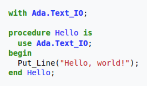 Это простейшая программа на языке Ada из 80-х, которая всего лишь выводит приветствие на экран
