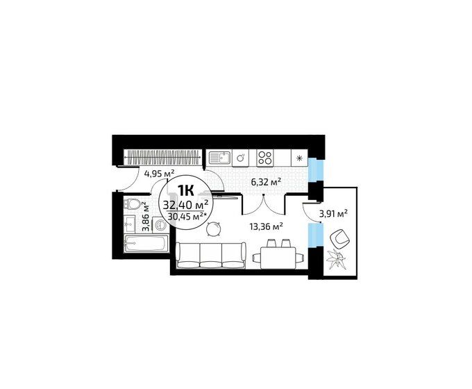 32,4 м², 1-комнатная квартира 3 698 136 ₽ - изображение 1