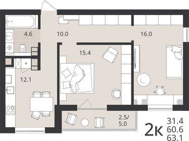 Квартира 60,6 м², 2-комнатная - изображение 1
