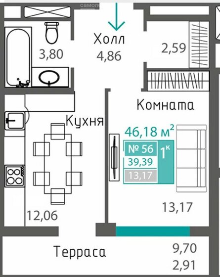 46,1 м², 1-комнатная квартира 6 180 000 ₽ - изображение 1