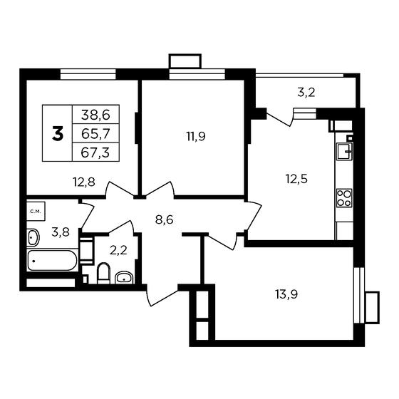 68,9 м², 3-комнатная квартира 7 941 400 ₽ - изображение 1