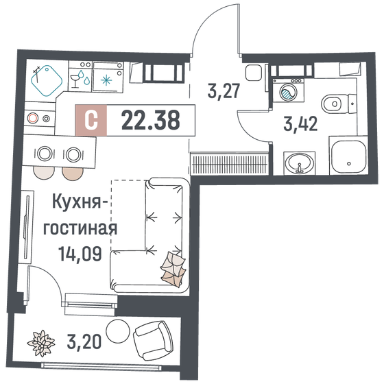 22,4 м², квартира-студия 4 225 344 ₽ - изображение 17