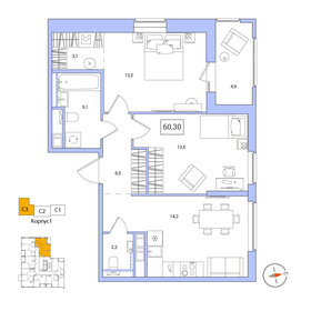 Квартира 60,3 м², 2-комнатная - изображение 1