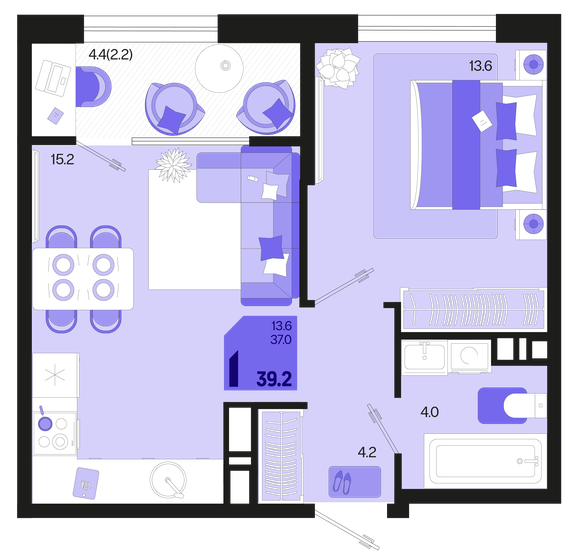 39,2 м², 1-комнатная квартира 6 495 440 ₽ - изображение 1