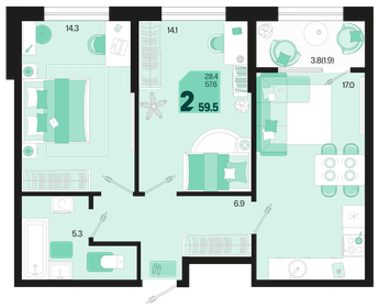 60 м², 2-комнатная квартира 6 800 000 ₽ - изображение 67