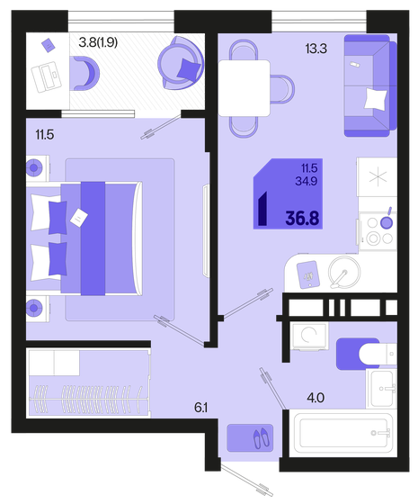 36,8 м², 1-комнатная квартира 6 208 160 ₽ - изображение 1