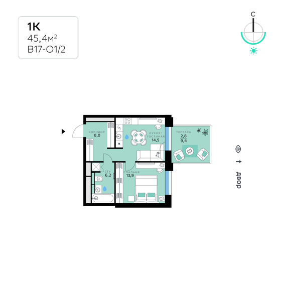 45,4 м², 1-комнатная квартира 22 636 440 ₽ - изображение 1