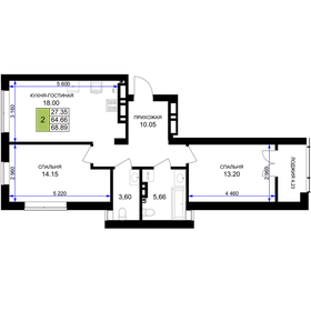 Квартира 68,9 м², 2-комнатная - изображение 1