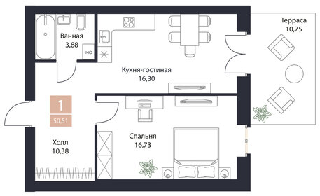 Квартира 50,5 м², 1-комнатная - изображение 1