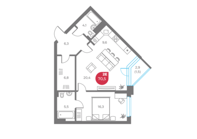 Квартира 70,5 м², 2-комнатная - изображение 1