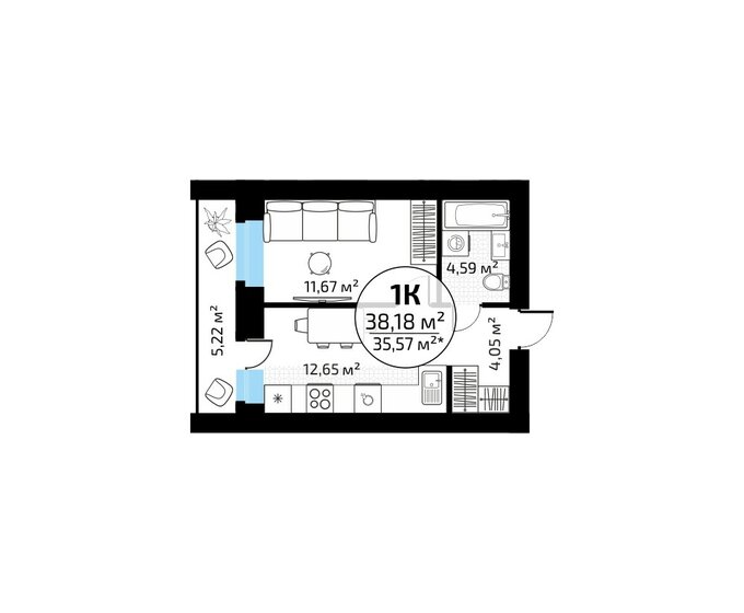 38,2 м², 1-комнатная квартира 3 735 417 ₽ - изображение 1
