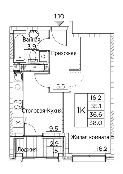 38 м², 1-комнатная квартира 7 253 418 ₽ - изображение 1