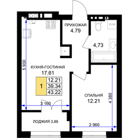 Квартира 43,2 м², 1-комнатная - изображение 1