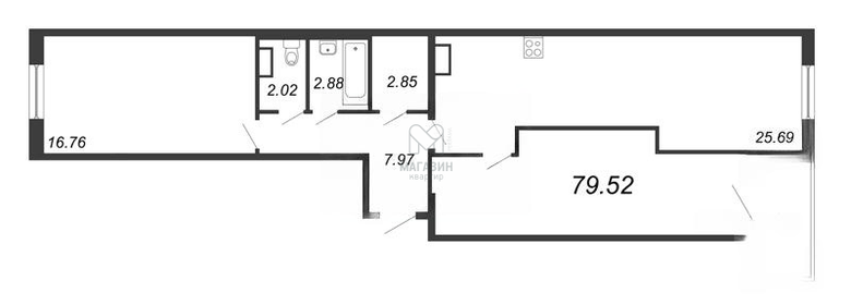 Квартира 79,5 м², 2-комнатные - изображение 1
