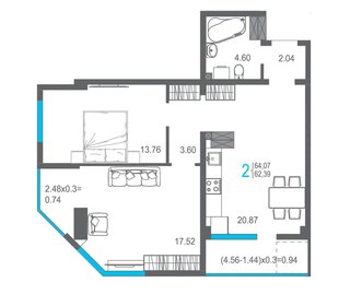 Квартира 62,9 м², 2-комнатная - изображение 1