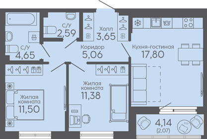 58,2 м², 2-комнатная квартира 5 740 000 ₽ - изображение 15