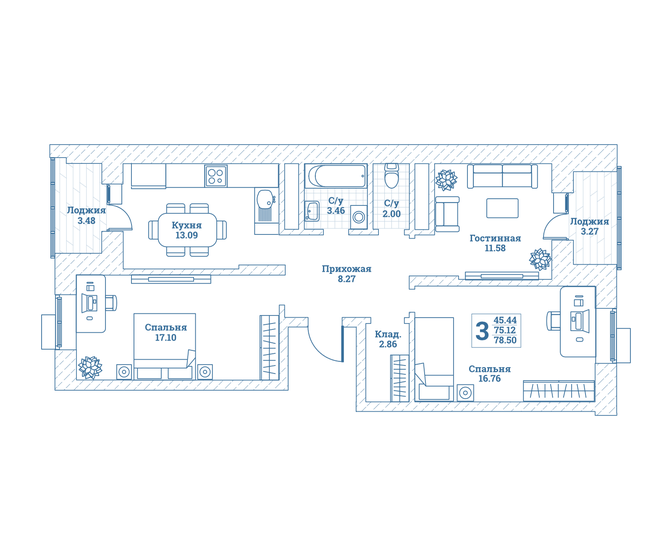 78,5 м², 3-комнатная квартира 8 124 750 ₽ - изображение 1