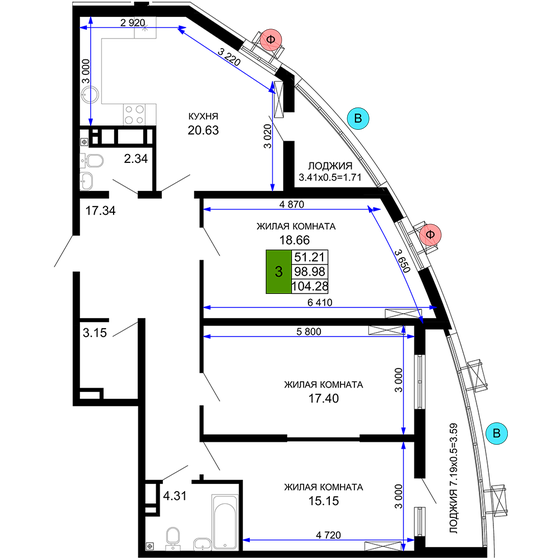 104,3 м², 3-комнатная квартира 13 556 400 ₽ - изображение 1