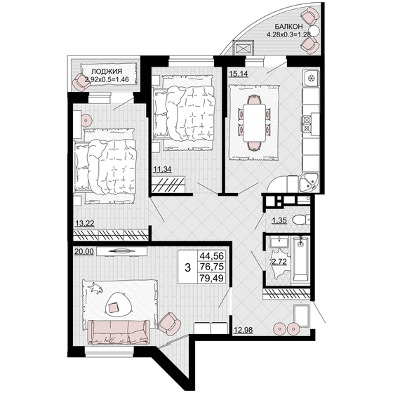 79,5 м², 3-комнатная квартира 10 333 700 ₽ - изображение 1