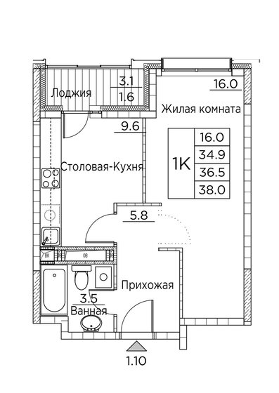 38 м², 1-комнатная квартира 7 555 244 ₽ - изображение 1