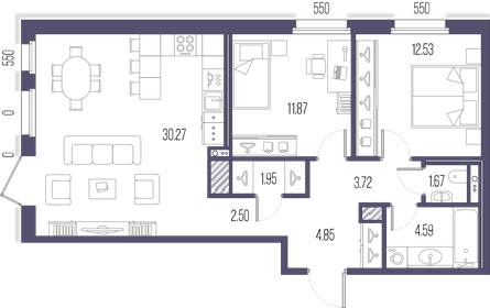 Квартира 74 м², 2-комнатная - изображение 1