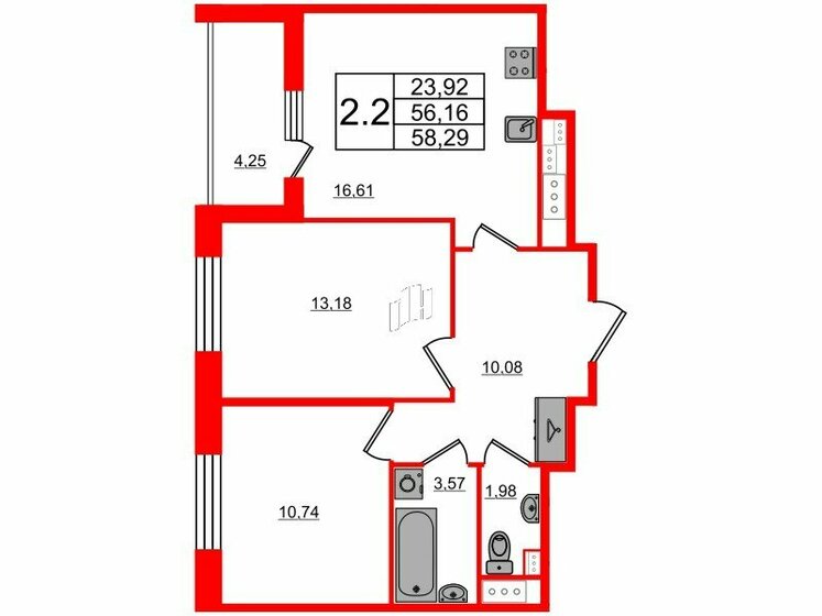 56,2 м², 2-комнатная квартира 14 300 273 ₽ - изображение 1