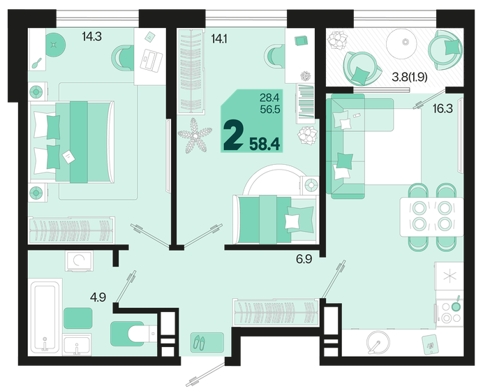 58,4 м², 2-комнатная квартира 6 867 840 ₽ - изображение 1