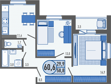 Квартира 60,6 м², 2-комнатная - изображение 1