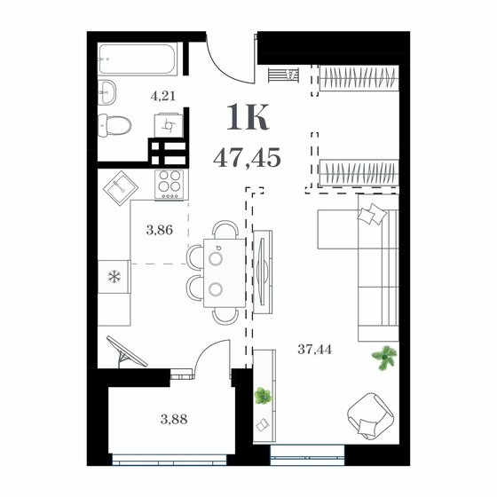 47,5 м², 1-комнатная квартира 9 964 500 ₽ - изображение 1