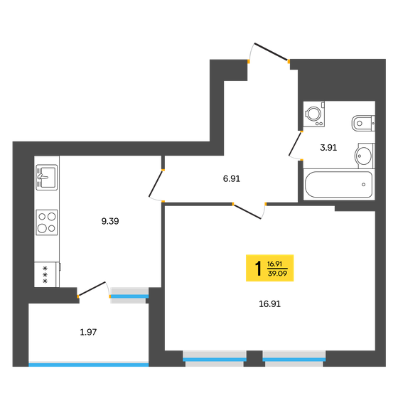 39,1 м², 1-комнатная квартира 4 495 350 ₽ - изображение 1