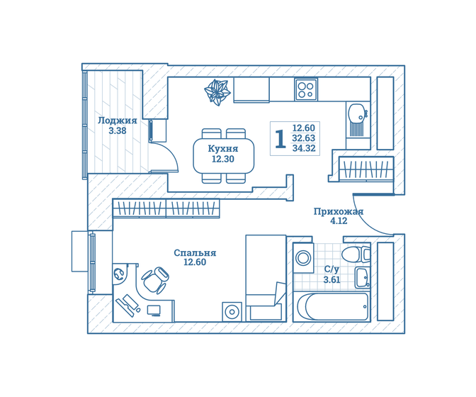 34,3 м², 1-комнатная квартира 4 152 720 ₽ - изображение 1