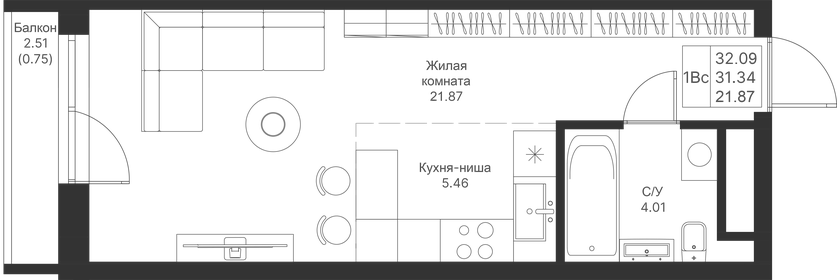 Квартира 32,1 м², студия - изображение 1