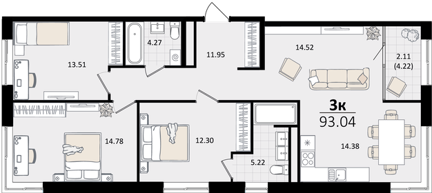 Квартира 93 м², 3-комнатная - изображение 1